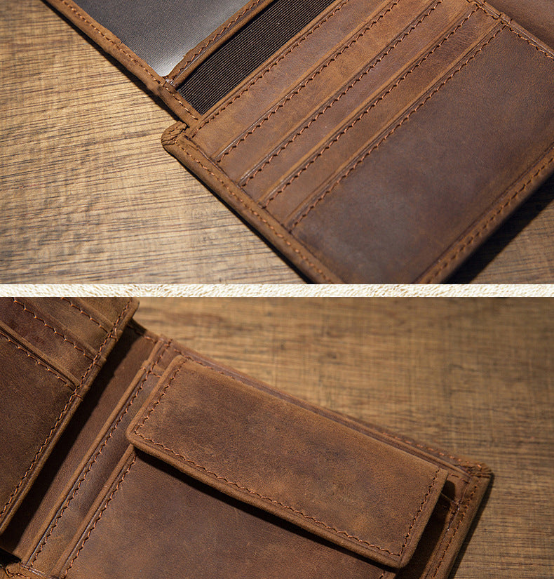 Men's Short Wallet Original Handmade Cowhide Genuine Leather Crazy Horse Retro Korean Fashion Coin Purse Men's Wallet 