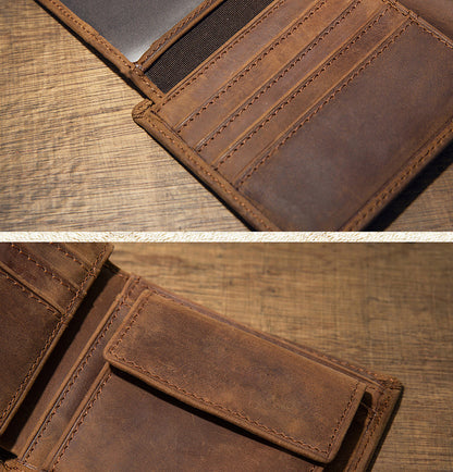 Men's Short Wallet Original Handmade Cowhide Genuine Leather Crazy Horse Retro Korean Fashion Coin Purse Men's Wallet 