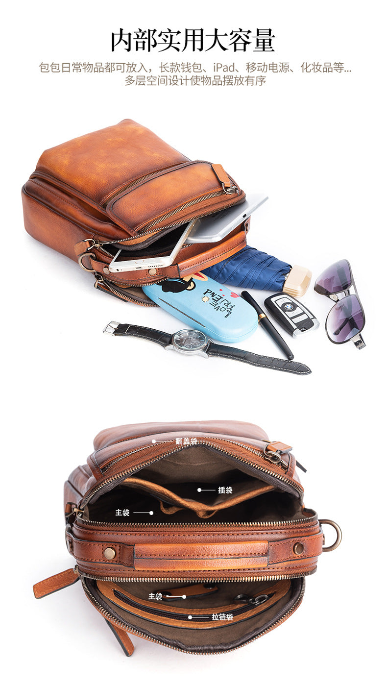 Men's Shoulder Bag Genuine Cowhide Leather Retro Casual Male Crossbody Bag 