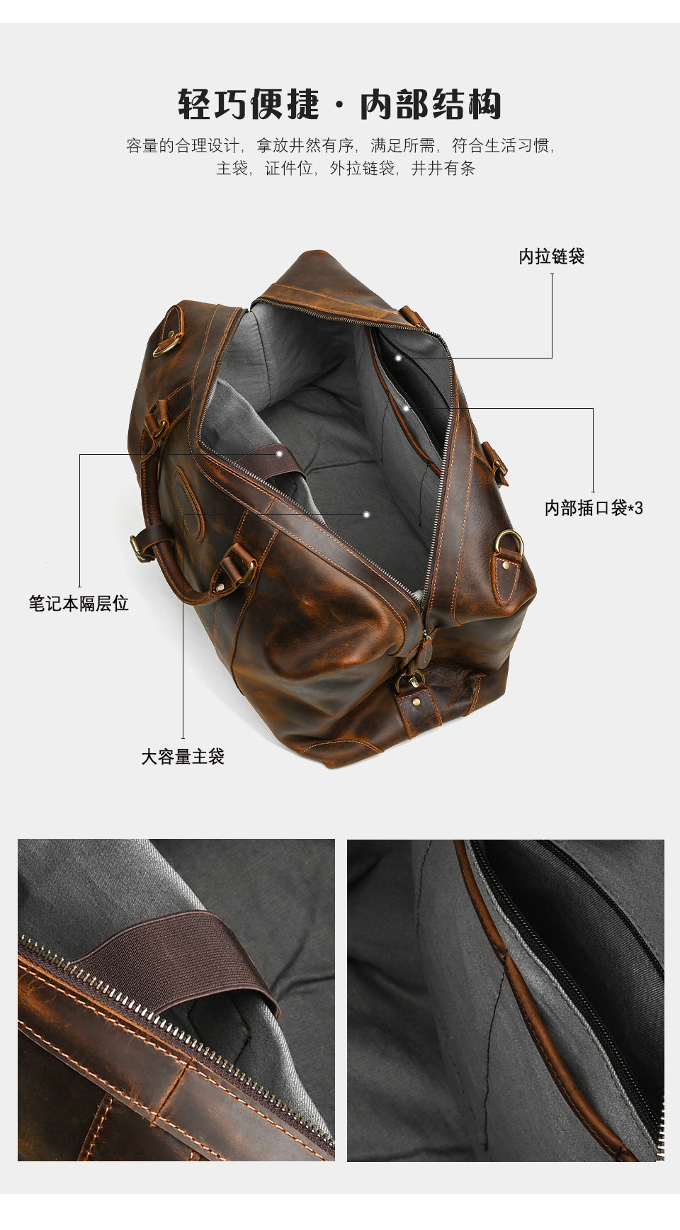 Men's Handbag Genuine Cowhide Luggage Bag Retro Casual Large Capacity Business Travel Bag for Men 