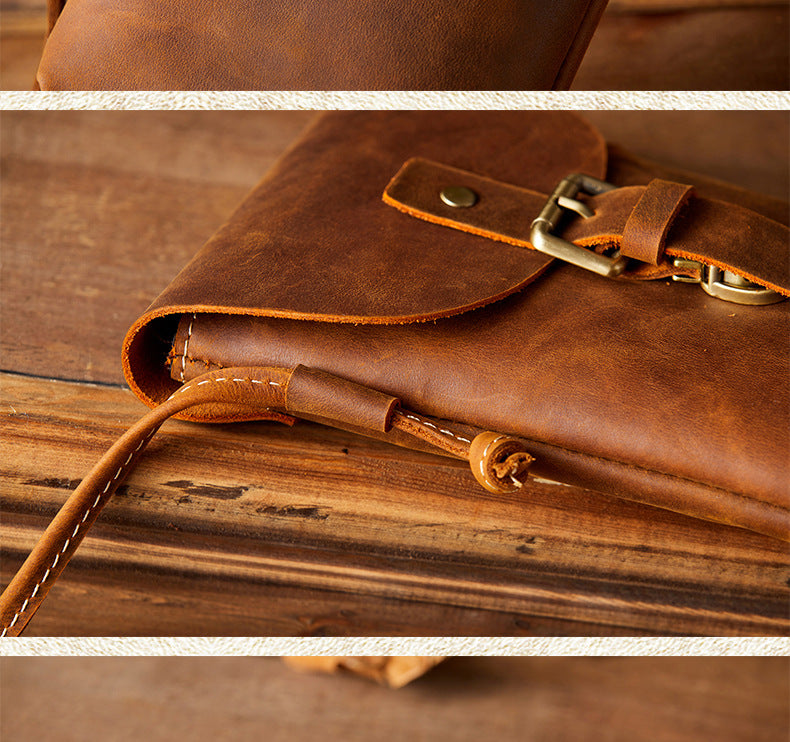 Men's Shoulder Bag Handcrafted Genuine Cowhide Leather Smartphone Pouch Retro Casual Crossbody Bag for Men 