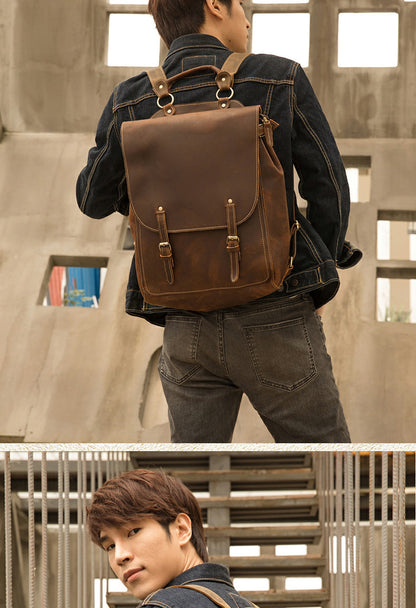 Men's Rucksack Genuine Cowhide Leather Handmade Korean Fashion Unique Travel Computer Bag for Men 
