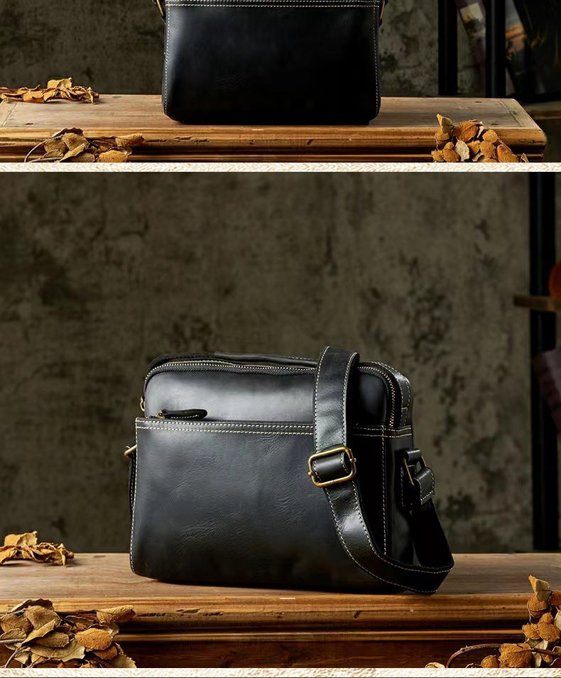 Men's Shoulder Bag Handmade Cow Leather Casual Simple Retro Zipper Crossbody Bag 