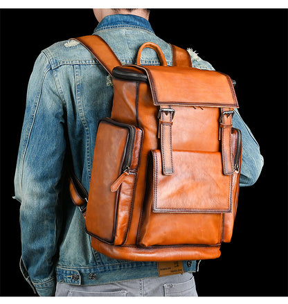 Men's backpack genuine cowhide leather retro unisex casual travel bag business bag 