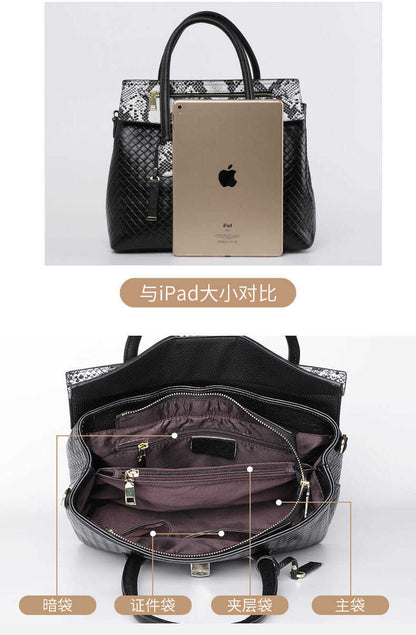Ladies bag genuine leather fashion handbag large capacity python pattern splice shoulder bag temperament elegant handbag.bag