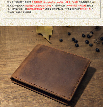 Men's Short Wallet Original Handmade Cowhide Genuine Leather Crazy Horse Retro Korean Fashion Coin Purse Men's Wallet 