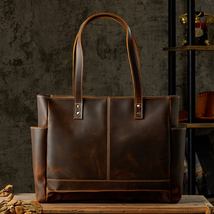 Men's tote bag, handmade, genuine cowhide leather, unisex handbag, casual school commuting shoulder bag 