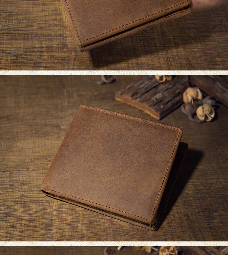 Men's short wallet made of genuine cowhide leather Crazy Horse Original casual simple thin Korean fashion unique wallet for men 