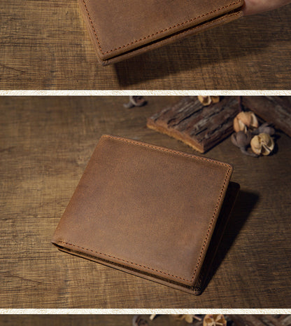 Men's short wallet made of genuine cowhide leather Crazy Horse Original casual simple thin Korean fashion unique wallet for men 
