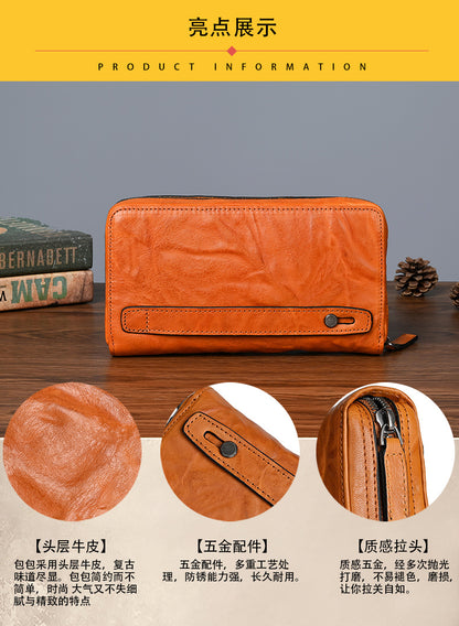 Men's Wallet Cowhide Genuine Leather Clutch Bag Mobile Phone Bag Retro Casual Men's Handbag 
