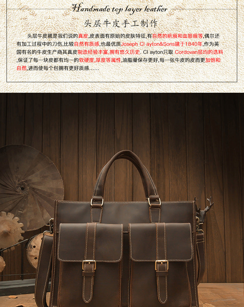 Men's Handbag Handbag Handmade Retro Cowhide Genuine Leather Shoulder Bag Crossbody Bag Crazy Horse Cambridge Briefcase 
