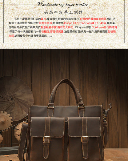 Men's Handbag Handbag Handmade Retro Cowhide Genuine Leather Shoulder Bag Crossbody Bag Crazy Horse Cambridge Briefcase 
