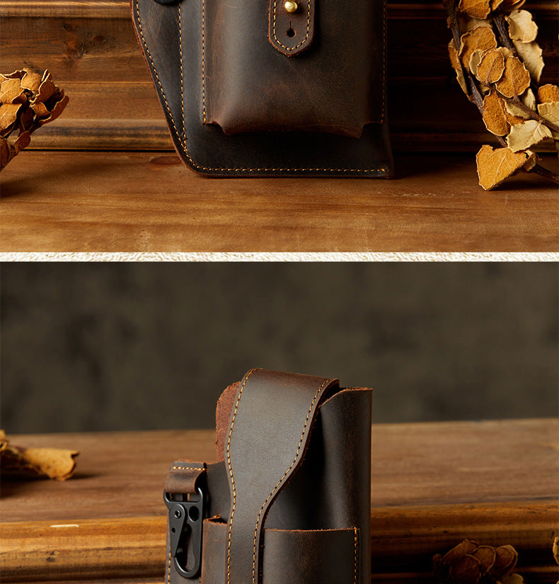 Men's Waist Pouch Handmade Cow Leather Crazy Horse Personality Mobile Phone Keychain Mobile Phone Case Sports Mini Bag 