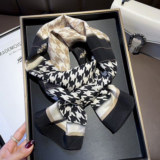 Silk scarf Houndstooth color matching muffler Silk double ribbon long scarf that goes with anything
