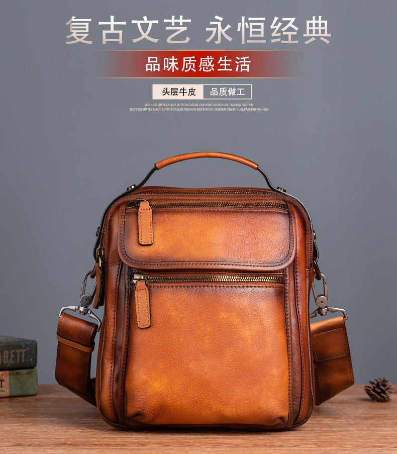 Men's Shoulder Bag Genuine Cowhide Leather Retro Casual Male Crossbody Bag 