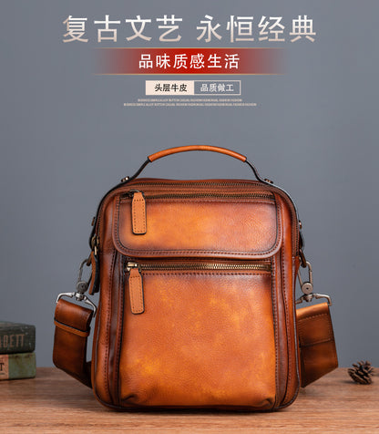 Men's Shoulder Bag Genuine Cowhide Leather Retro Casual Male Crossbody Bag 