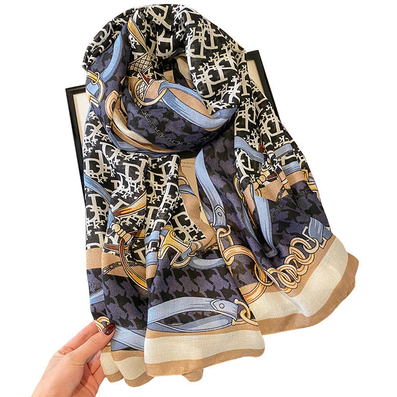 Scarf Fashionable Letter Matrix Chain Print Pattern Cotton Linen Texture Scarf Stole Women