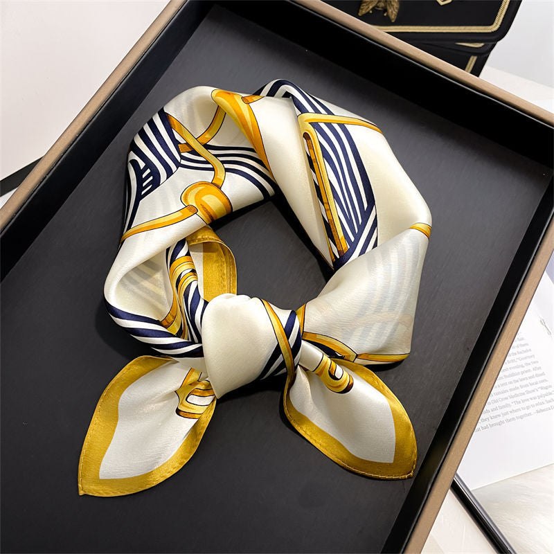 Silk Scarf Sheer Fashion Chain Print Pattern Silk Mini Scarf Women Neckerchief Temperament