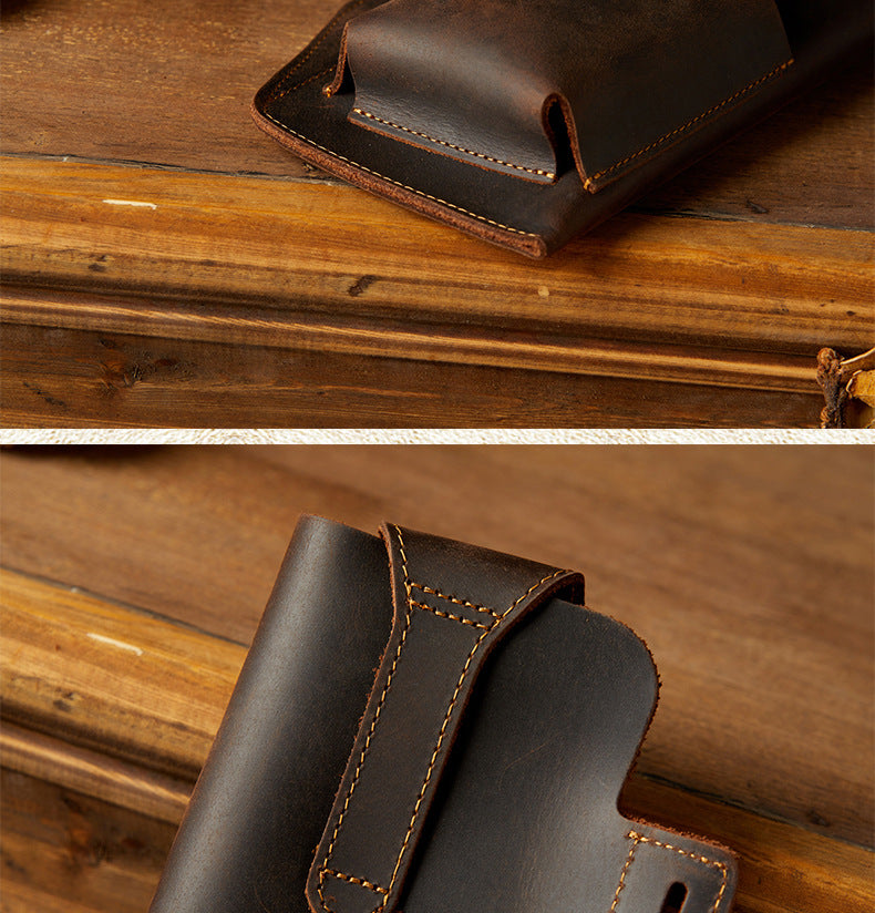 Men's Waist Pouch Handmade Cow Leather Crazy Horse Personality Mobile Phone Keychain Mobile Phone Case Sports Mini Bag 