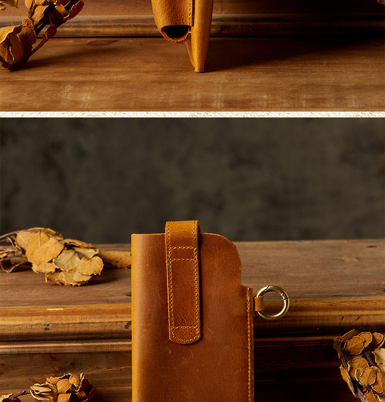 Men's Waist Pouch Mobile Phone Bag Keychain Handmade Cowhide Crazy Horse Belt Bag Mobile Phone Leather Cover Mini Bags for Men 