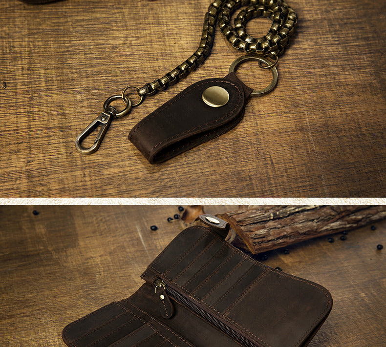 Men's Wallet Handmade Original Crazy Horse Genuine Cowhide Leather Retro Card Holder Large Capacity Zipper Mobile Phone Bag Men Handbag 