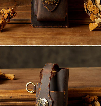 Men's Waist Pouch Mobile Phone Bag Keychain Handmade Cowhide Crazy Horse Belt Bag Mobile Phone Leather Cover Mini Bags for Men 