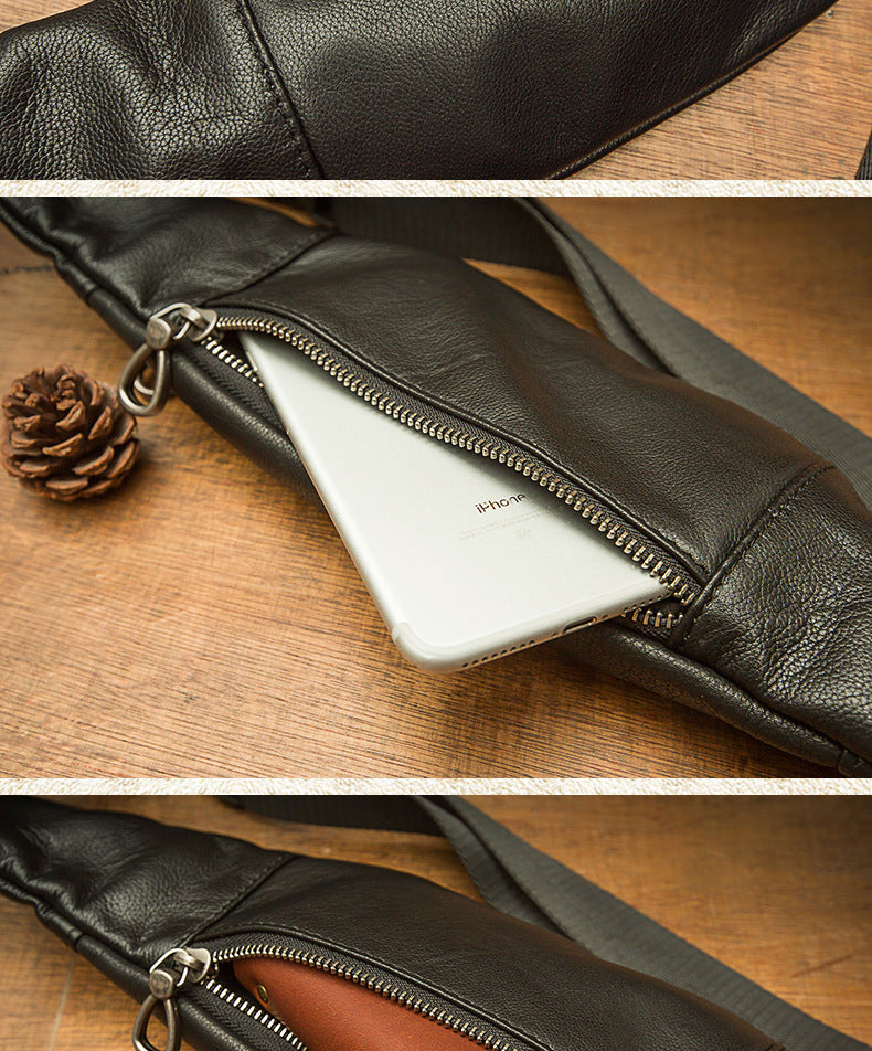Men's Bust Bag Handmade Cowhide Genuine Leather Casual Mobile Phone Waist Pouch Sports Outdoor Personality Fashion Male Shoulder Bag Crossbody Bag 