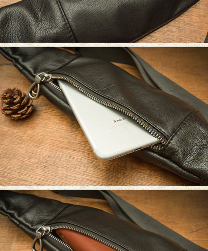 Men's Bust Bag Handmade Cowhide Genuine Leather Casual Mobile Phone Waist Pouch Sports Outdoor Personality Fashion Male Shoulder Bag Crossbody Bag 