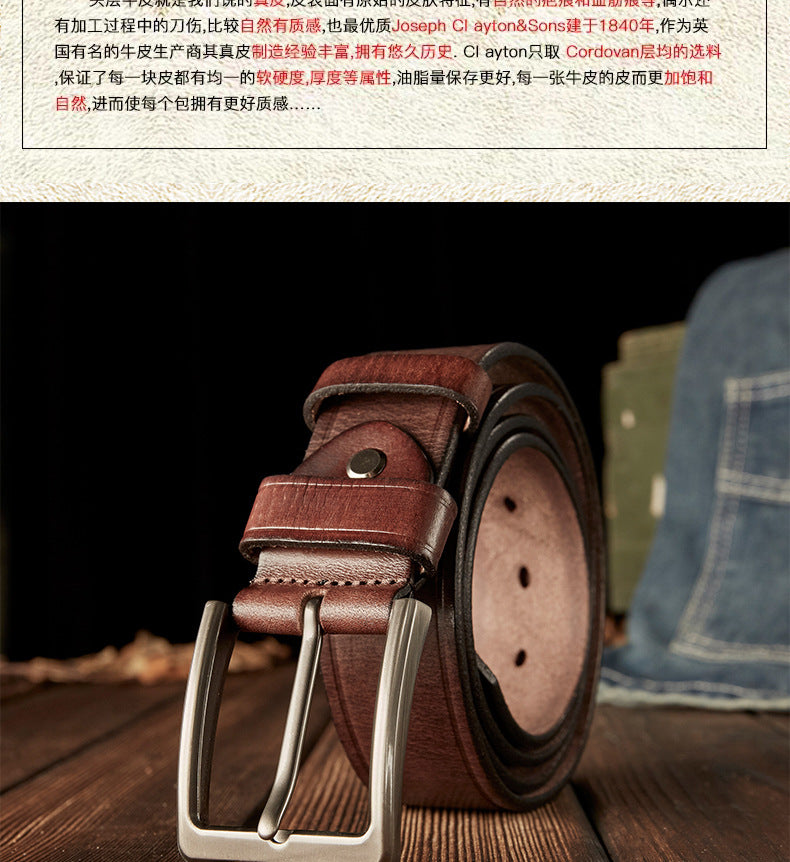 Men's Belt Handmade Cowhide Genuine Leather Retro Simple Casual Fashion Stainless Steel Needle Buckle Men's Belt 