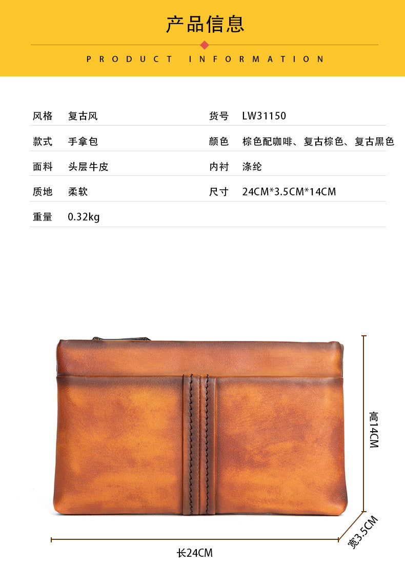 Men's Clutch Bag Genuine Cowhide Leather Retro Casual Men Bag 