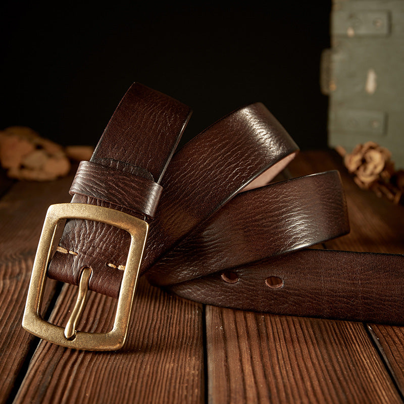 Men's Belt Original Handmade Retro Cowhide Genuine Leather Copper Needle Buckle Men's Belt