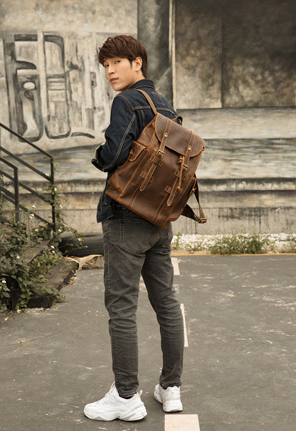 Men's Backpack, Original Handcrafted, Genuine Cowhide Leather, Retro Casual, Unisex, Travel Bag, Computer Bag