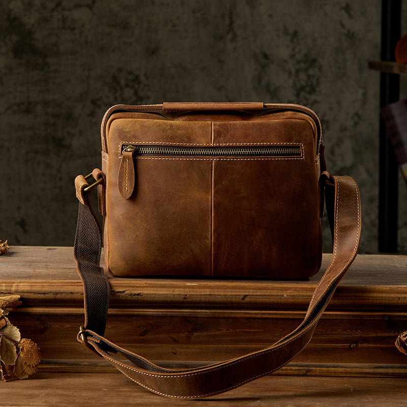 Men's Shoulder Bag Handmade Cow Leather Casual Simple Retro Zipper Crossbody Bag 