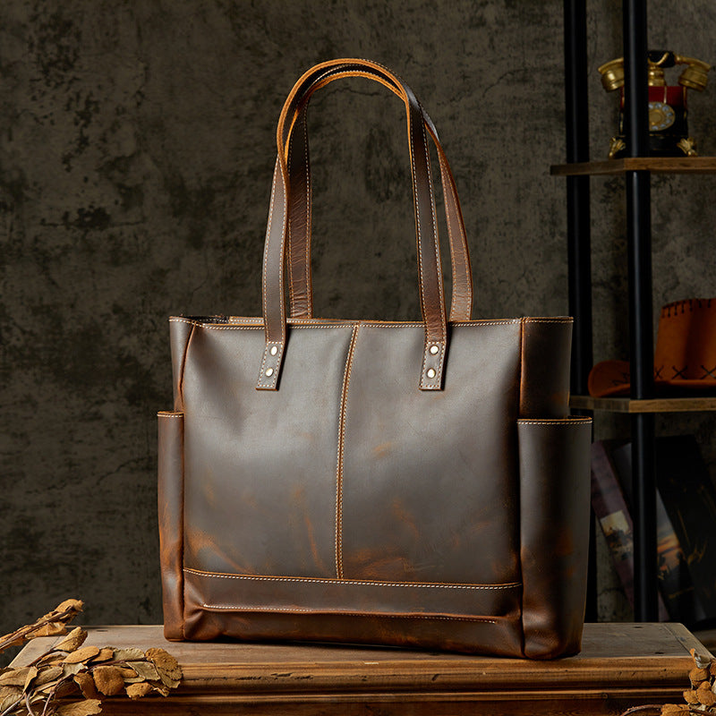 Men's tote bag, handmade, genuine cowhide leather, unisex handbag, casual school commuting shoulder bag 