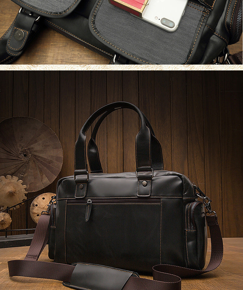 Men's Handbag, Business Trip, Travel Bag, Handmade, Genuine Cowhide Leather, Casual, Fashion, Crossbody Shoulder Bag 