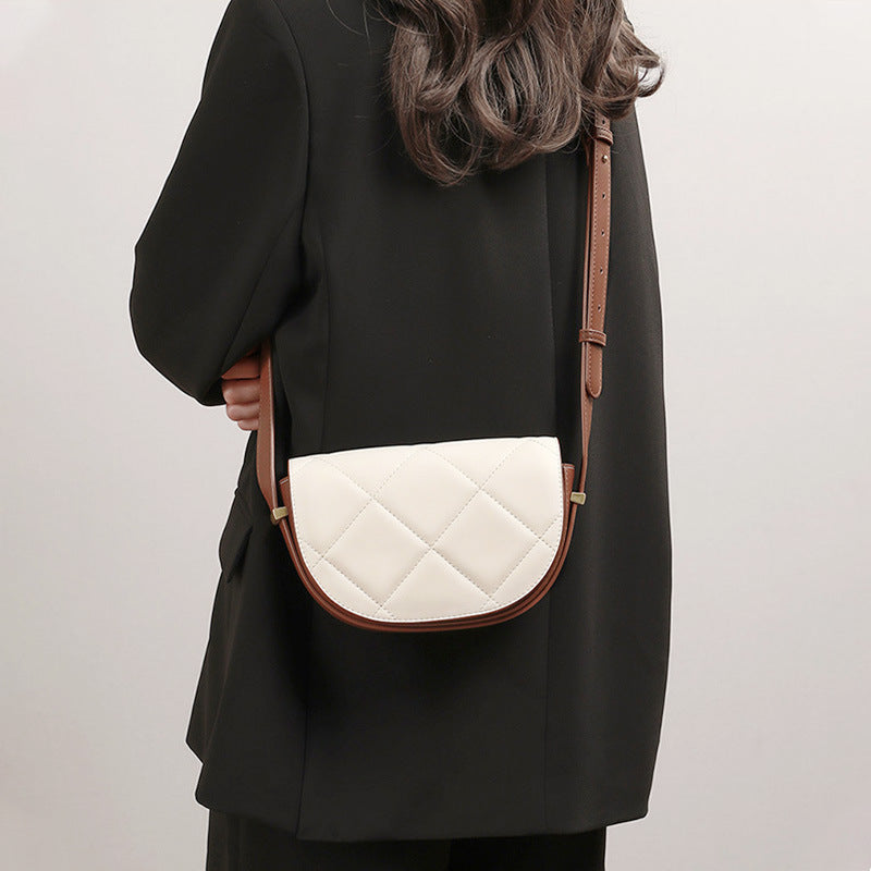 Cowhide women bag luxury plaid crossbody bag saddle bag genuine leather semicircle broadband shoulder bag.Pochette