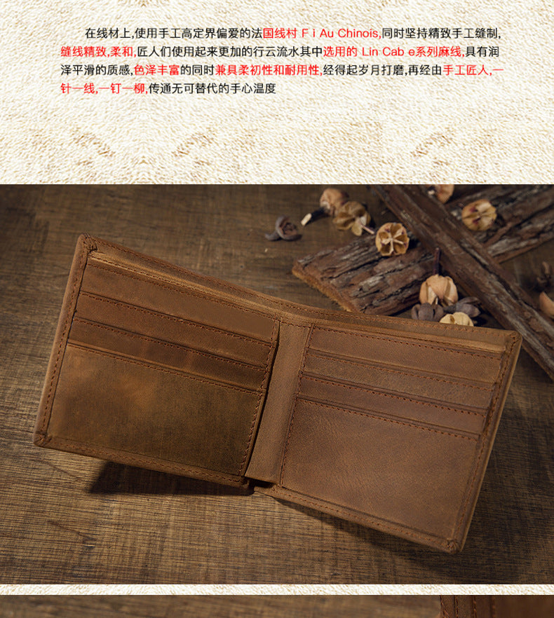 Men's short wallet made of genuine cowhide leather Crazy Horse Original casual simple thin Korean fashion unique wallet for men 