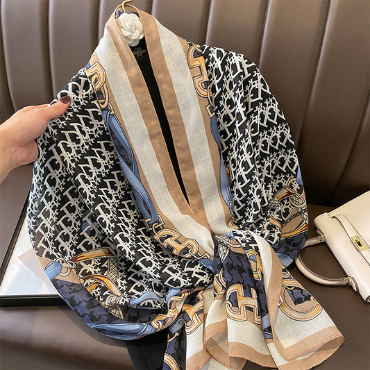 Scarf Fashionable Letter Matrix Chain Print Pattern Cotton Linen Texture Scarf Stole Women