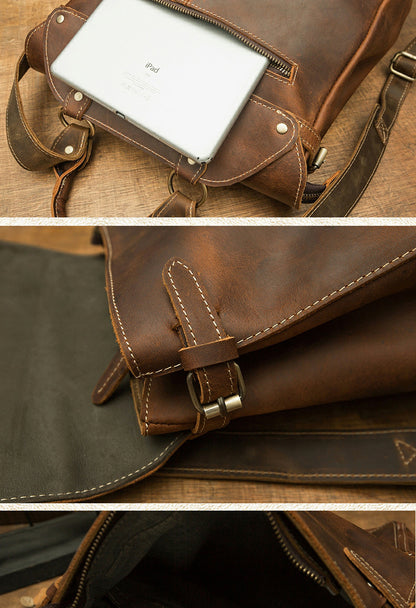 Men's Rucksack Genuine Cowhide Leather Handmade Korean Fashion Unique Travel Computer Bag for Men 