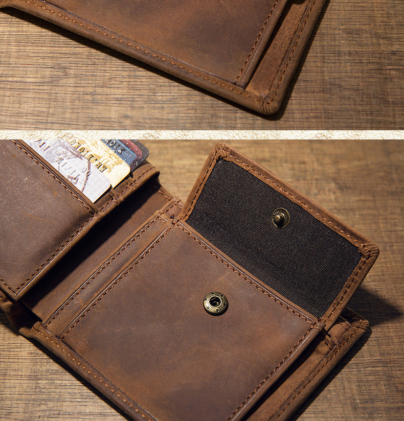 Men's Short Wallet Original Handmade Cowhide Genuine Leather Crazy Horse Retro Korean Fashion Coin Purse Men's Wallet 