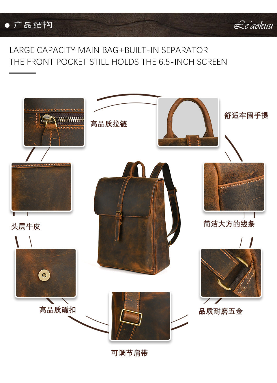 Men's backpack cowhide genuine leather retro casual computer bag for men 