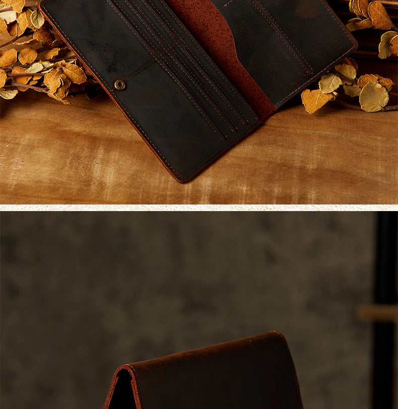 Men's long wallet, handmade, genuine cowhide leather, retro card holder, simple men's wallet handbag 