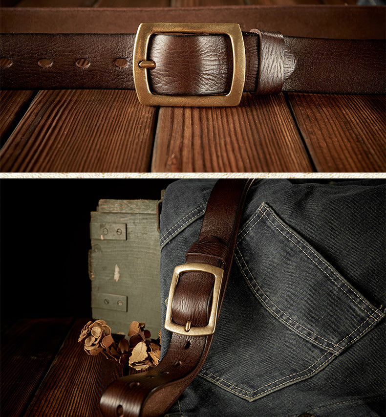 Men's Belt Original Handmade Retro Cowhide Genuine Leather Copper Needle Buckle Men's Belt