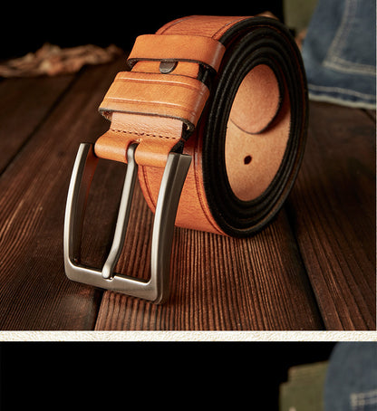 Men's Belt Handmade Cowhide Genuine Leather Retro Simple Casual Fashion Stainless Steel Needle Buckle Men's Belt 