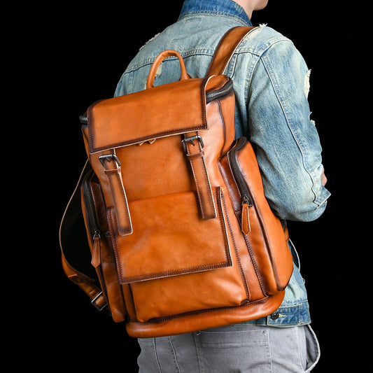 Men's backpack genuine cowhide leather retro unisex casual travel bag business bag 