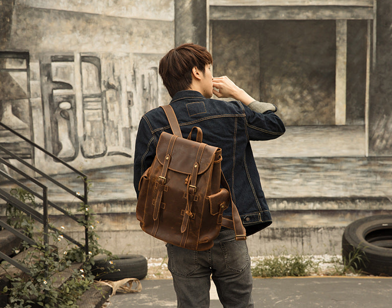 Men's Backpack, Original Handcrafted, Genuine Cowhide Leather, Retro Casual, Unisex, Travel Bag, Computer Bag
