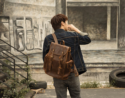 Men's Backpack, Original Handcrafted, Genuine Cowhide Leather, Retro Casual, Unisex, Travel Bag, Computer Bag