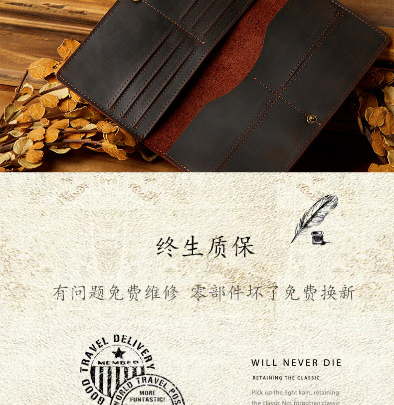 Men's long wallet, handmade, genuine cowhide leather, retro card holder, simple men's wallet handbag 