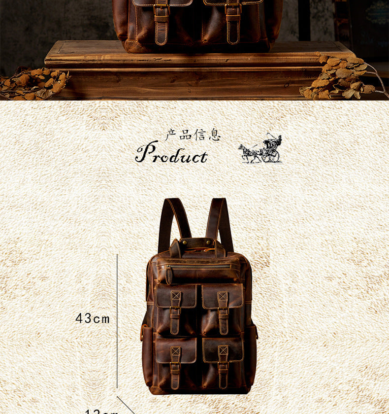 Men's backpack genuine cowhide leather Crazy Horse original large capacity retro outdoor unique travel bag 