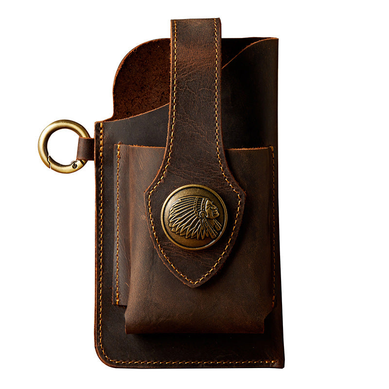Men's Waist Pouch Mobile Phone Bag Keychain Handmade Cowhide Crazy Horse Belt Bag Mobile Phone Leather Cover Mini Bags for Men 
